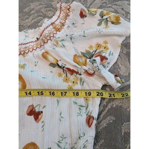 Maurices Top Womens Sz M Citrus Print Crinkle Short Sleeve Smock Elastic Ruffle - Picture 11 of 12